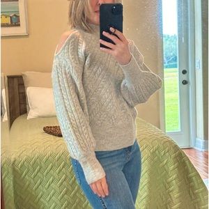 EXPRESS Mock Neck Cable Knit Long Sleeve Bare Shoulder Sweater Light Gray XS